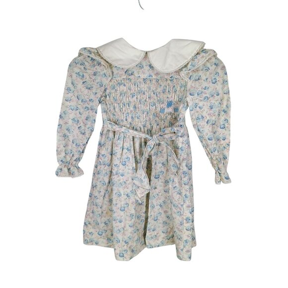 Polly Flinders Long Sleeve Floral Vintage‎ Smocked Girls Size 5 Dress - Picture 1 of 9